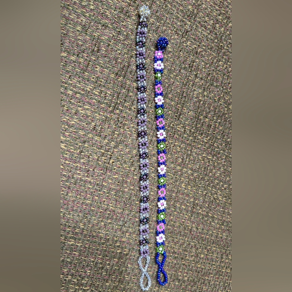 Beaded Floral Bracelet Set - Purple and Blue